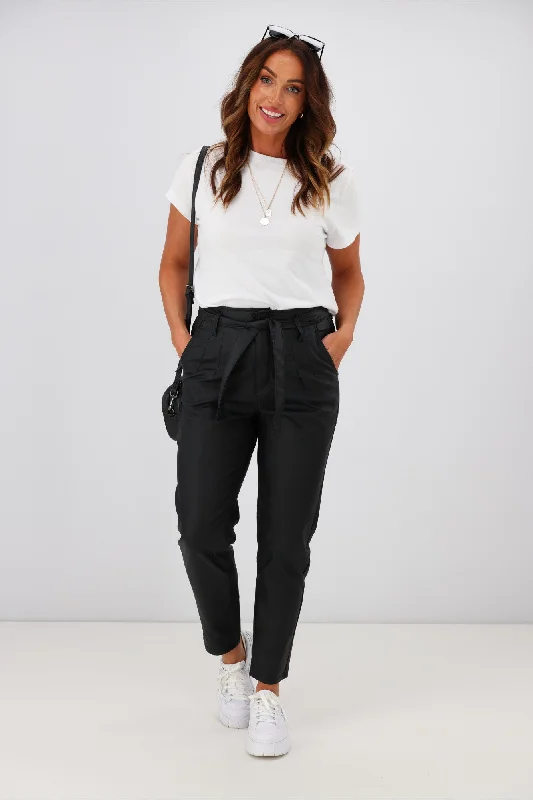 Wakee Alex Tie Front Wet Look Pant Black