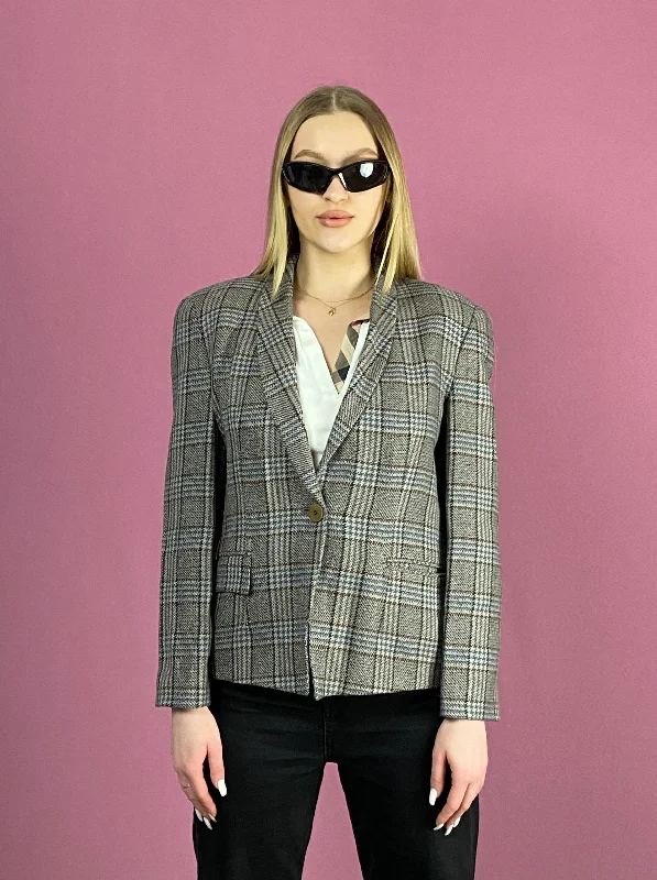 90s Giorgio Armani Vintage Women's Plaid Blazer Jacket - M Gray Wool