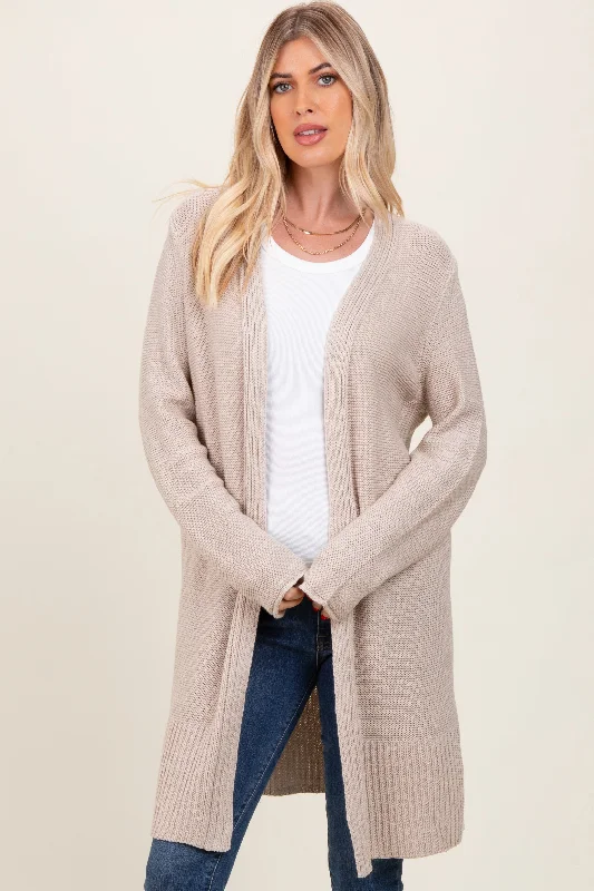 color block women cardigan with bold huesBeige Contrast Rib Long Open Cardigan