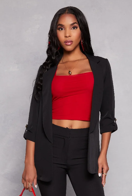 Crepe Knit Open Front Tabbed Sleeve Blazer