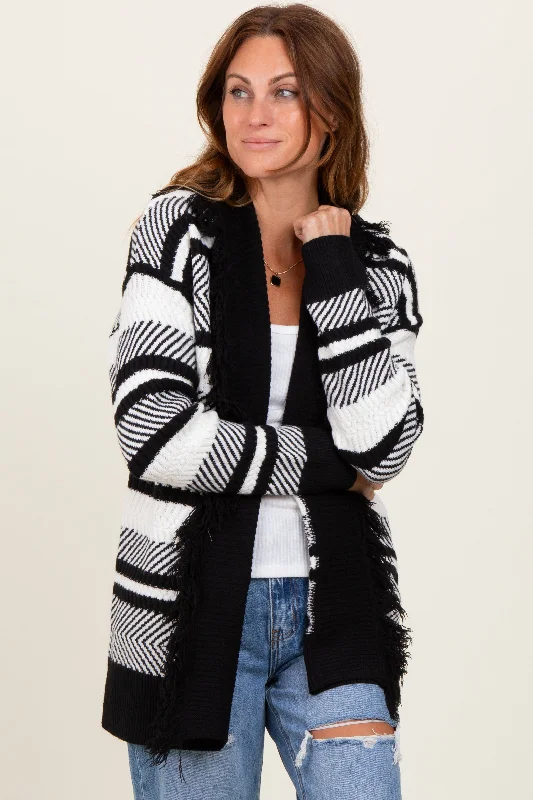 color block women cardigan with bold huesBlack Mixed Stripe Fringe Shawl Collar Cardigan