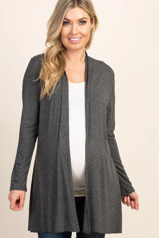 boyfriend style women cardigan for a relaxed fitCharcoal Grey Solid Long Sleeve Maternity Cardigan