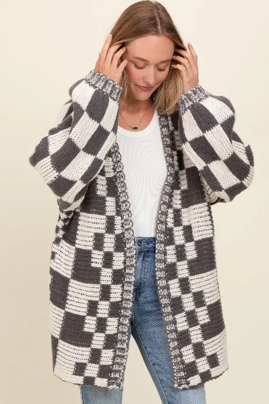 maternity women cardigan for expecting momsCharcoal Mixed Check Pattern Chunky Cardigan