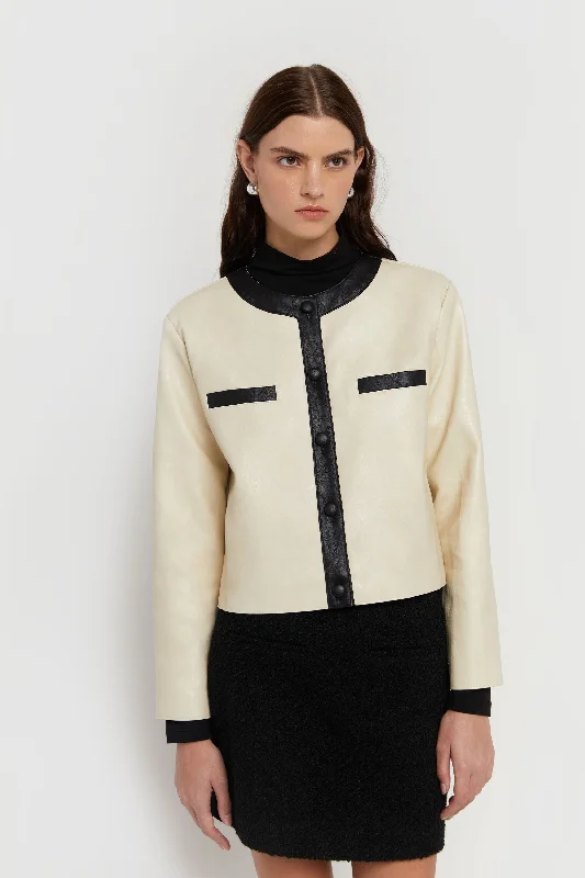 ribbed women cardigan with a classic textureCONTRAST TRIM VEGAN LEATHER JACKET