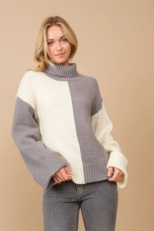 plus size women cardigan for comfortable layeringDivided Opinions Colorblock Cowl Neck Sweater (Heather Grey)