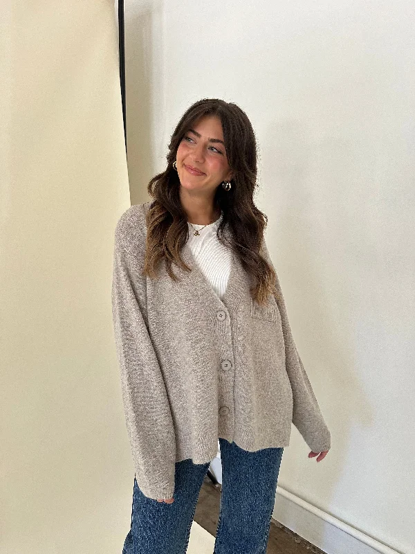 oversized women cardigan for a trendy and cozy lookDolly Knit Side Slit Buttoned Cardigan Sweater (Light Taupe)