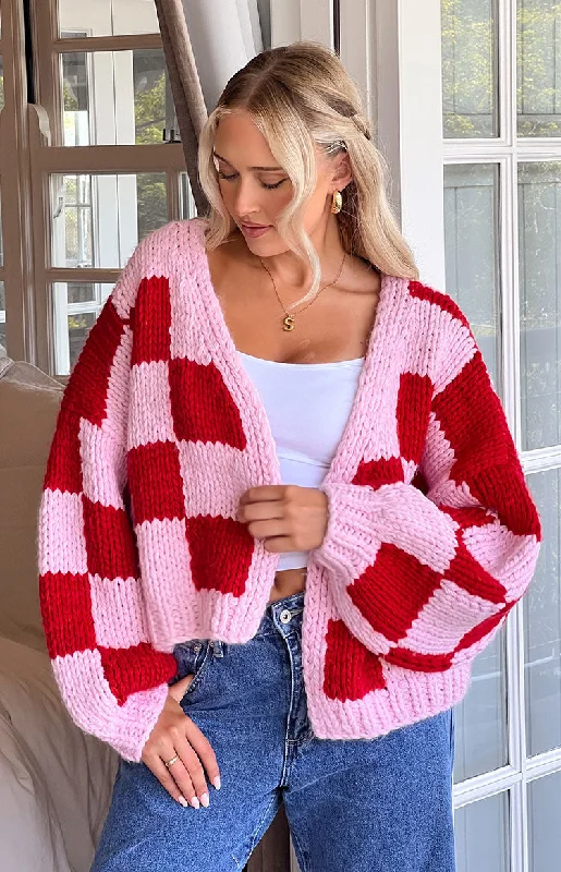 boyfriend style women cardigan for a relaxed fitEnvi Pink And Red Checkered Knit Cardigan