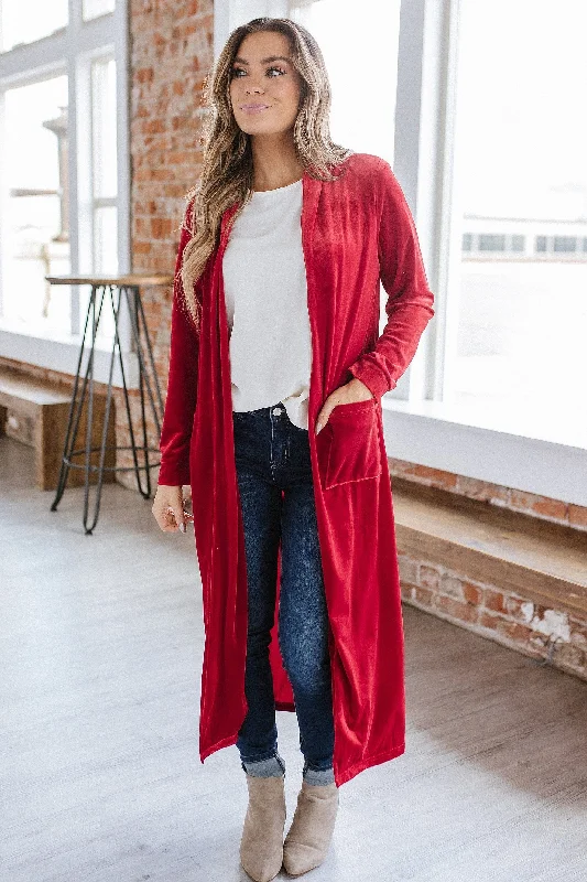 long length women cardigan with side slitsEve Velvet Long Cardigan | S-2XL