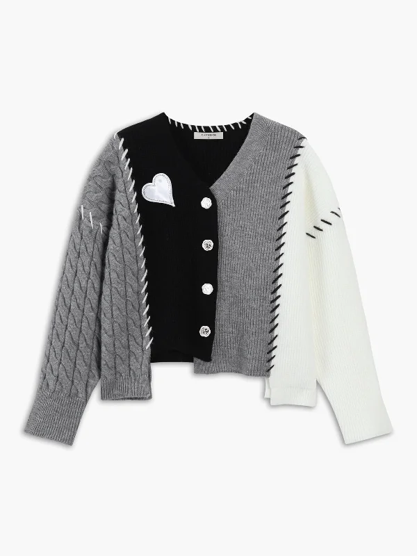 machine washable women cardigan for easy carePatchwork Cable Knit Trendy Contrast Stitch Cardigan