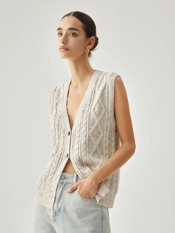 hooded women cardigan for added warmth and styleSleeveless Crocheted Graceful Cable Argyle Cardigan