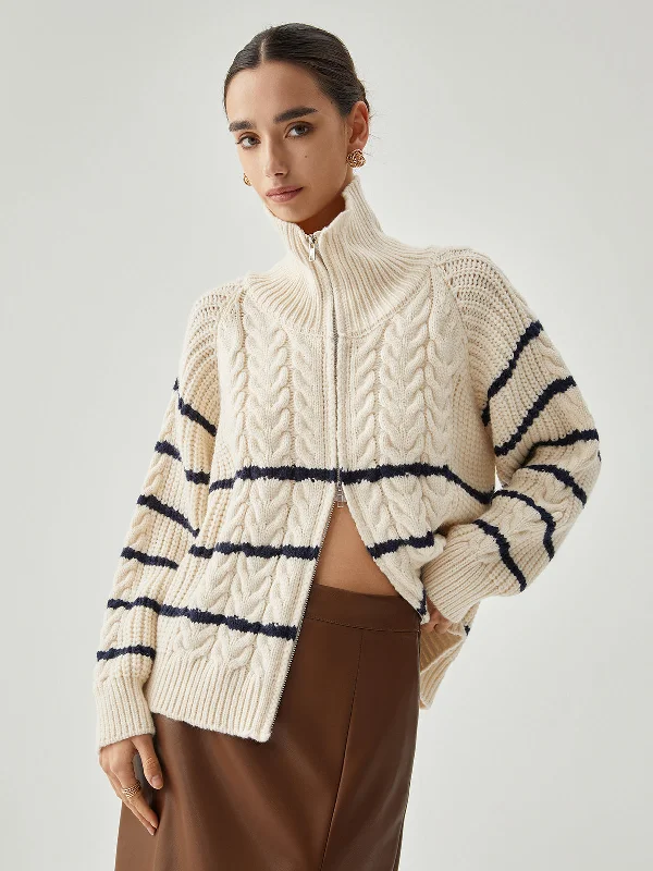 plus size women cardigan for comfortable layeringStand Collar Cable Trendy Knit Stripe Cardigan