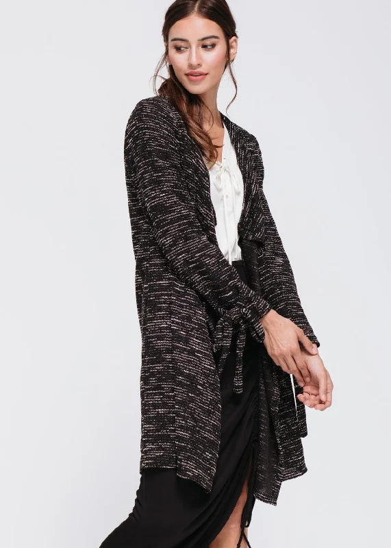 hand knitted women cardigan with artisanal charmFlirty Bow Sleeves Loose Cardigan In Black