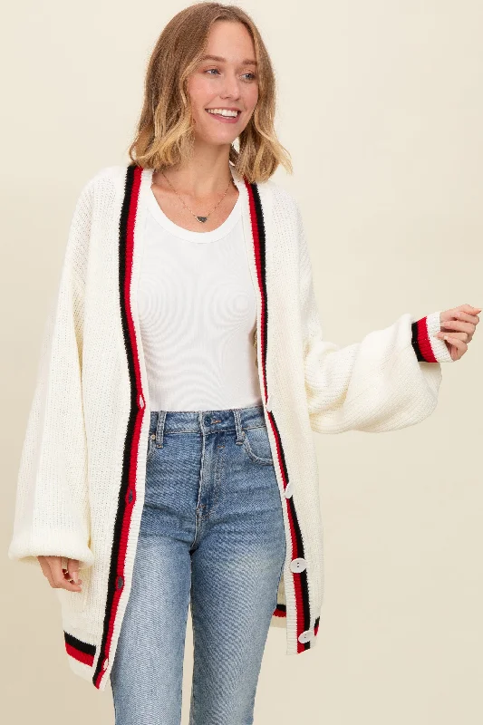 hooded women cardigan for added warmth and styleIvory Contrast Border Open Cardigan