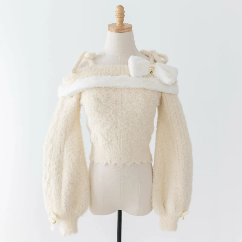 cable knit women cardigan with intricate patternsLilia & Lace Bunny Ear Knit Sweater with Engraved Heart Charms (Cream)