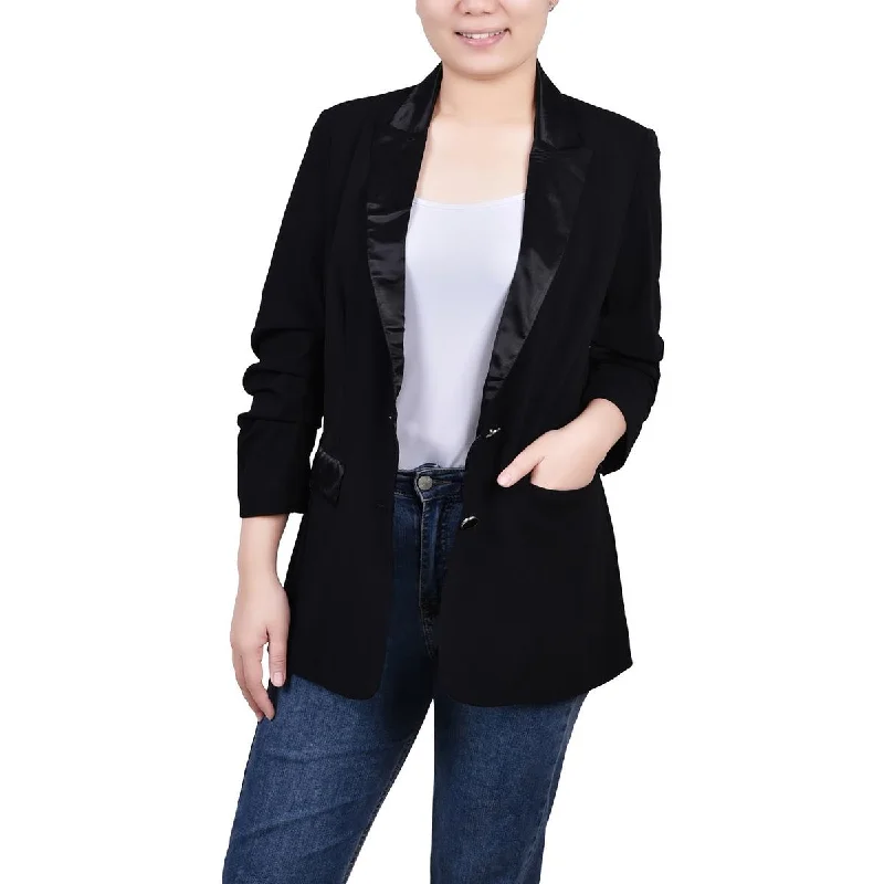 NY Collection Womens Petites Satin Trim Trendy Two-Button Blazer