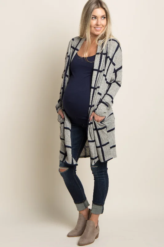 maternity women cardigan for expecting momsPinkBlush Grey Plaid Long Knit Maternity Cardigan