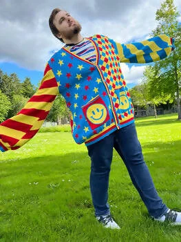 button down women cardigan with vintage buttonsPrimary Colored Clown Cardigan