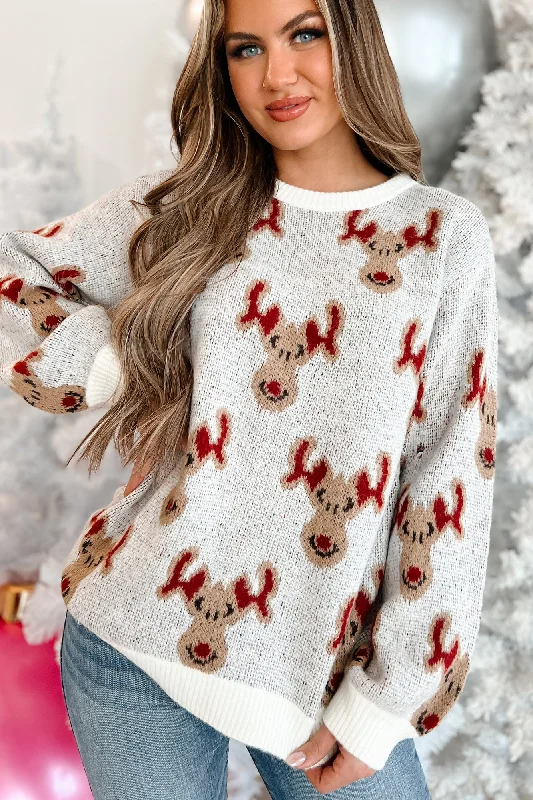 sequin embellished women cardigan for special occasionsQuite Reindeering Reindeer Patterned Sweater (Ivory)