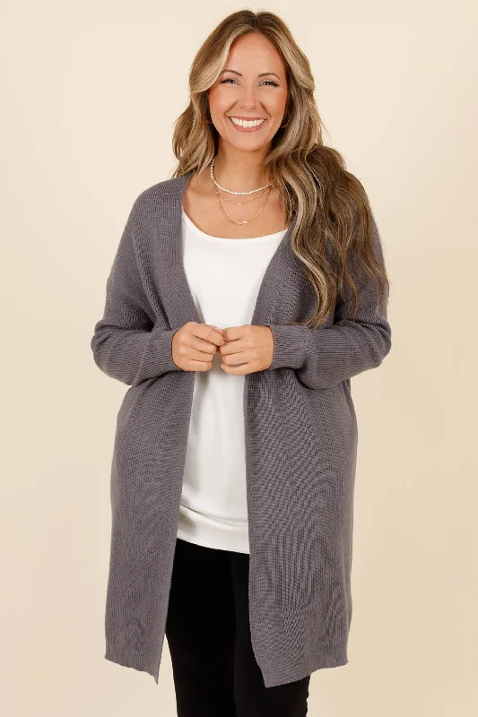 long length women cardigan with side slitsRealize To Realign Cardigan, Grey