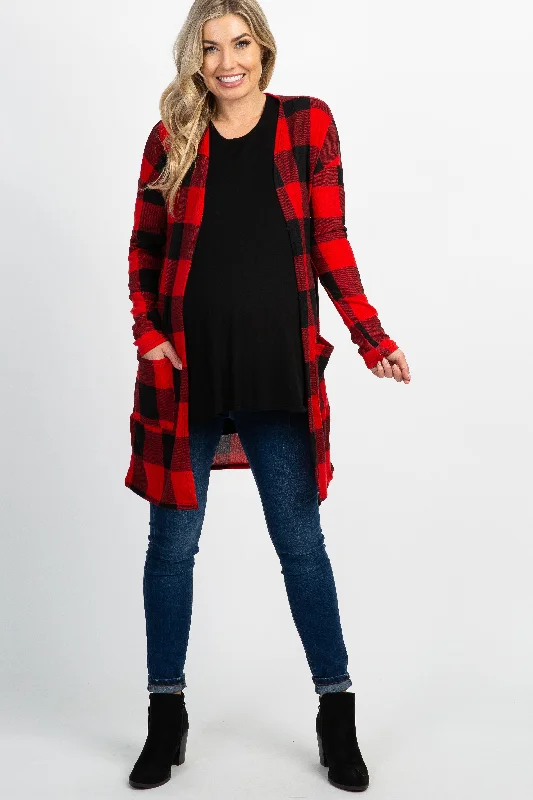 lightweight women cardigan for spring and fallRed Plaid Long Sleeve Maternity Cardigan