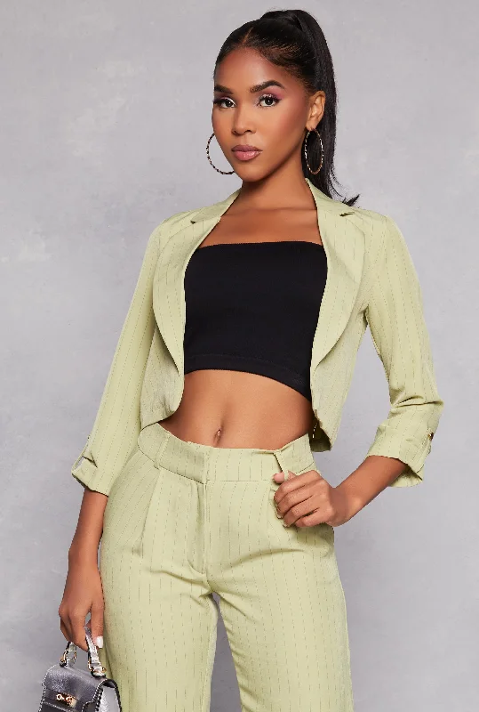 Pinstripe Tabbed Sleeve Cropped Blazer