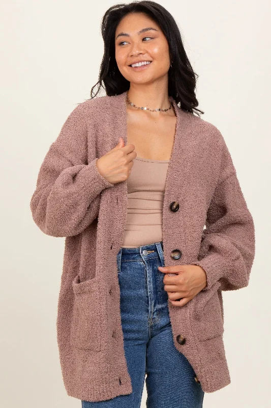 cropped women cardigan to pair with high - waisted jeansTaupe Fuzzy Knit Oversized Button Up Cardigan