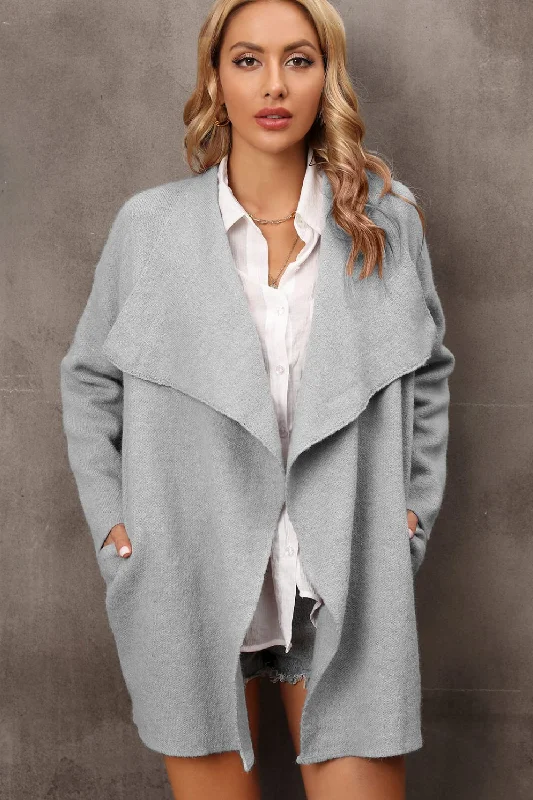 cable knit women cardigan with intricate patternsWaterfall Collar Longline Cardigan with Side Pockets