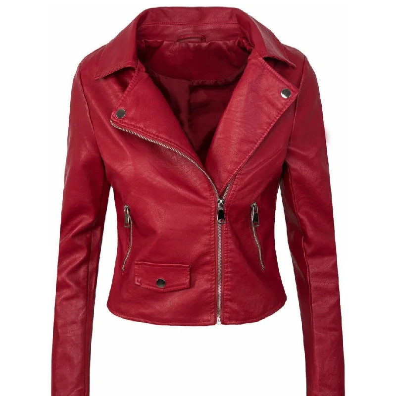 Women's Fall Winter Coat Slim PU Leather Short Zipper Leather Jacket Leather Coat