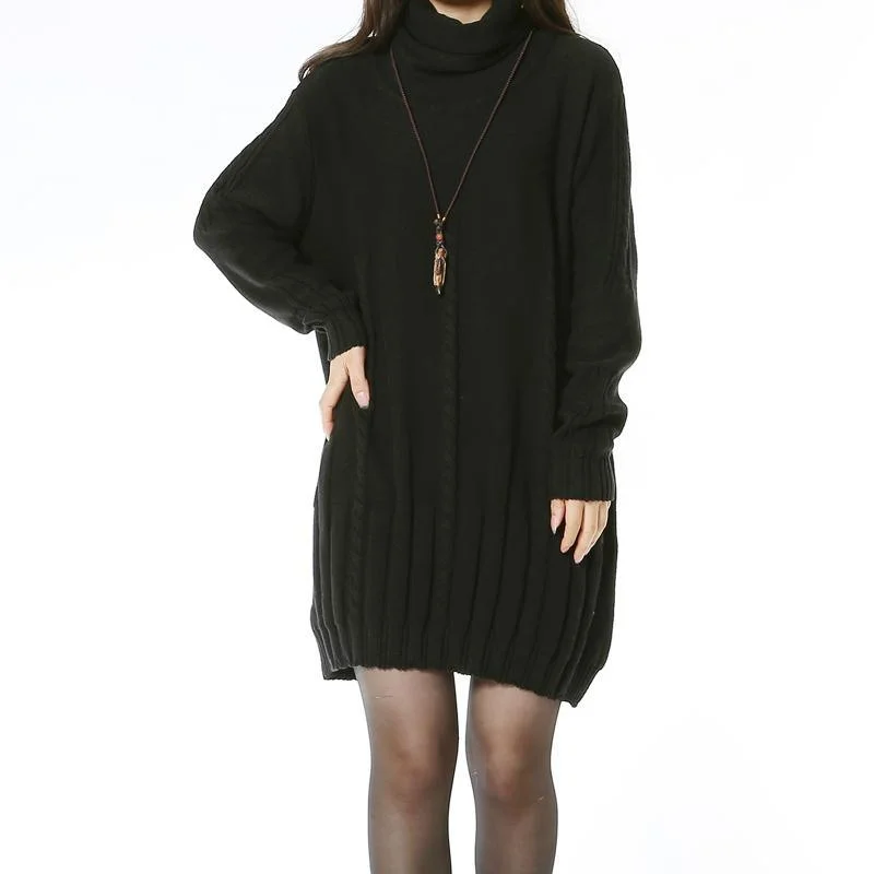 Longline Women's Mohair Sweater Dresses in a Loose FitBlack cable knit women sweater dress