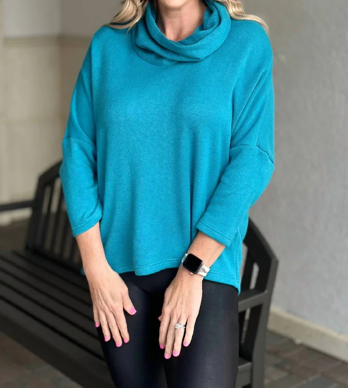 Button Back Cowl Neck Sweater In Teal