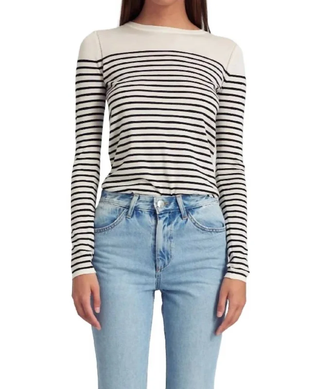 Fitted Crew Neck Sweater In Striped Ivory