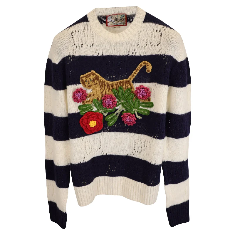 Gucci Knitted Stripe Tiger and Flower-Embroidered Sweater in Multicolor Wool