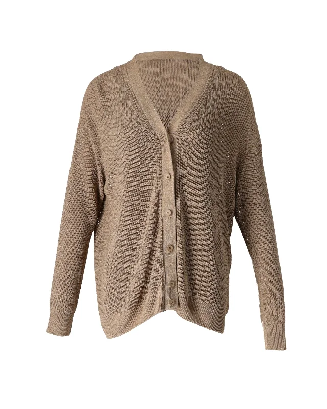 boyfriend style women cardigan for a relaxed fitMax Mara Tenue Loose Knit Tank Top and Cardigan Set in Brown Viscose