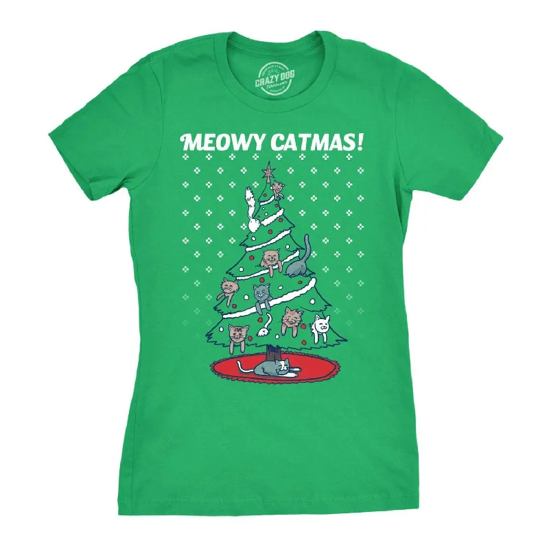 Sheer Women T Shirt for a Stylish and Alluring LookMeowy Christmas Cat Tree Ugly Christmas Sweater Women's T Shirt