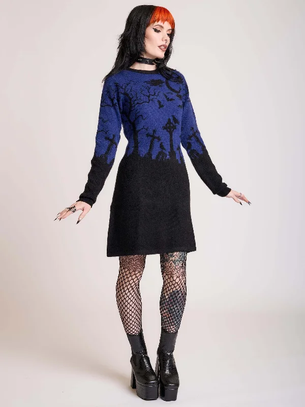 Plus Size Women's Long Sleeve Cable Knit Sweater DressesMidnight Cemetery Sweater Dress