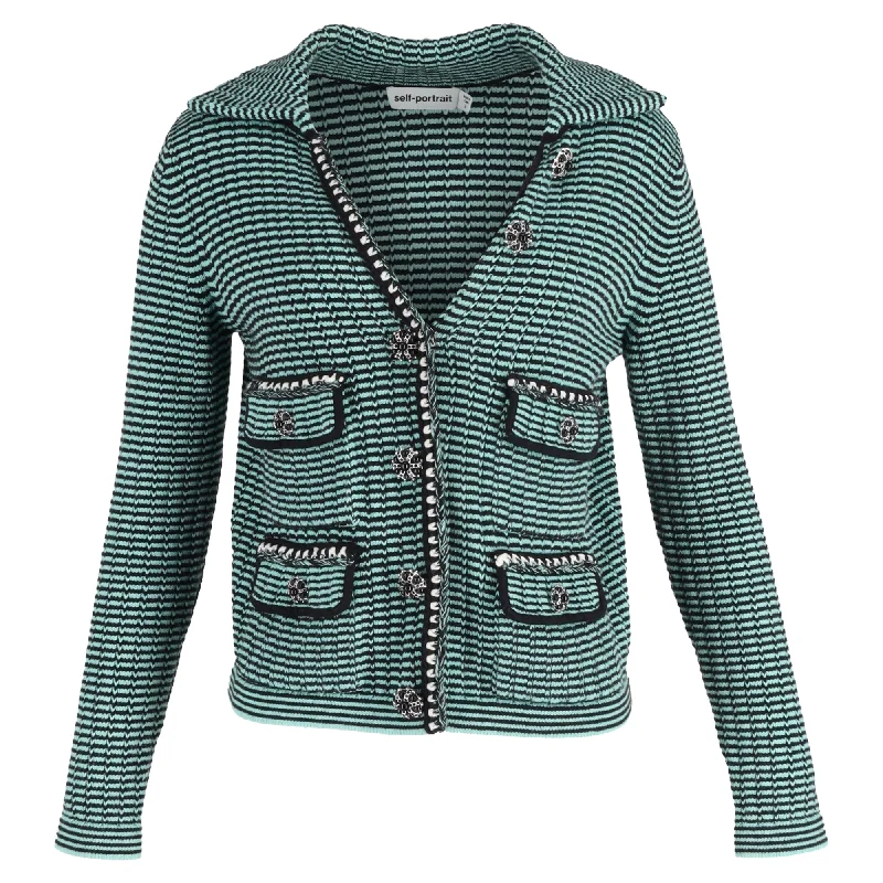 oversized women cardigan for a trendy and cozy lookSelf-Portrait Stripe Pocket Detail Collared Cardigan in Green Wool