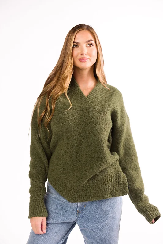 Jordan V-Neck Slouchy Soft Knit Sweater in Olive