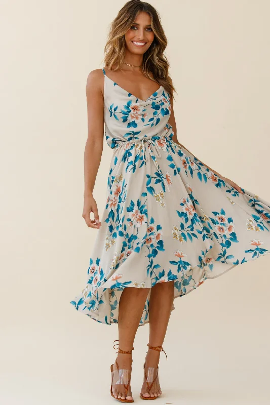 Ball Gown Women Dress with a Full Skirt for a Princess - like LookAva Cowl Neck Drawstring Midi Dress Floral Print Mocha