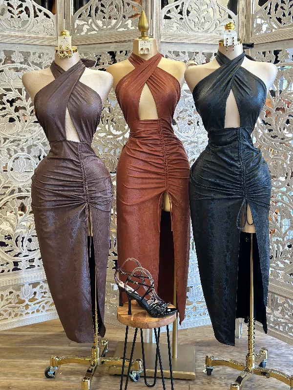 Halter Neck Women Dress to Show Off the Shoulders and NecklineCross Front Snake Print Faux Leather Midi Dress- Stretchy