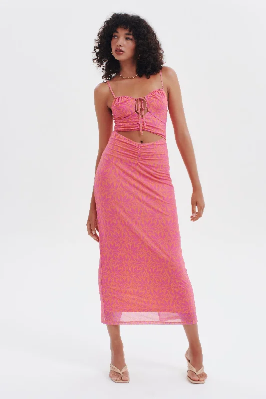 Empire Waist Women Dress to Accentuate the Bust and Conceal the WaistDesire Pink Palm Mesh Midi Dress