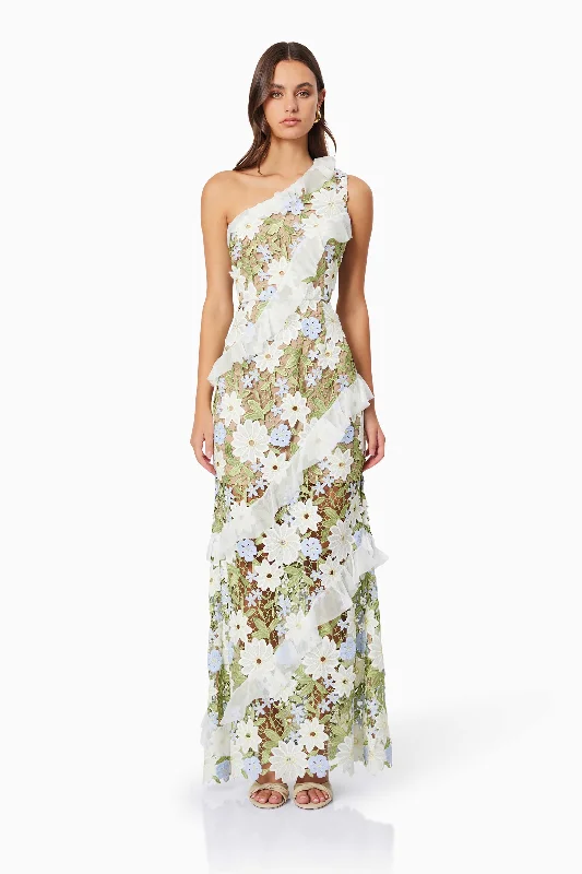 Printed Abstract Women Dress for a Modern and Artistic AppealFlora One Shoulder Lace Maxi Dress in Green