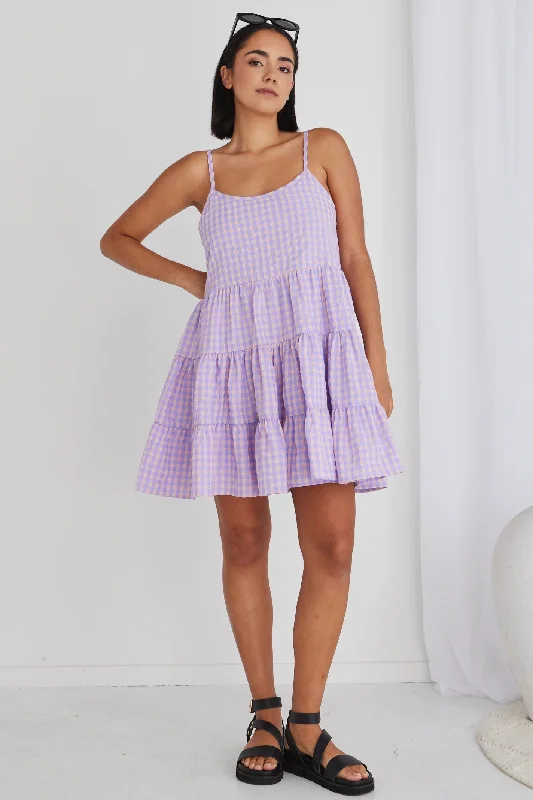 Shift Women Dress with a Simple and Classic Design for Everyday WearGarden Lilac Gingham Strappy Tiered Empire Mini Dress