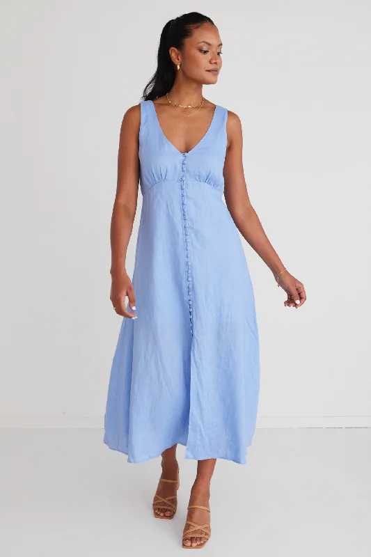 Off - the - Shoulder Women Dress for a Romantic and Feminine LookGirl Next Door Mid Blue Linen Sleeveless Button Front Midi Dress