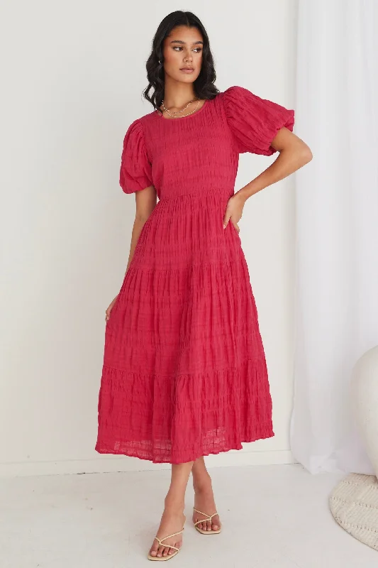 Backless Women Dress for a Sexy and Alluring Look at Evening EventsGraceful Raspberry Shirred Cotton Bubble Sleeve Tiered Maxi Dress