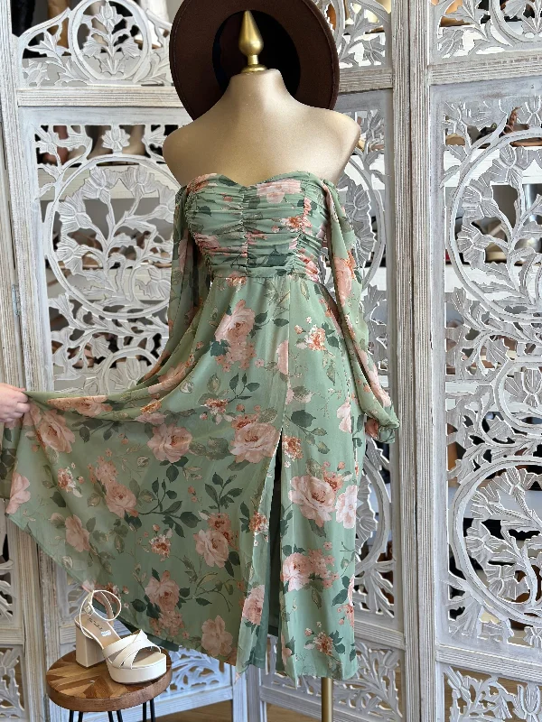 Sleeveless Women Dress in Bright Colors for Summer PartiesGreen Floral Off Shoulder Midi Dress- Slightly Stretchy