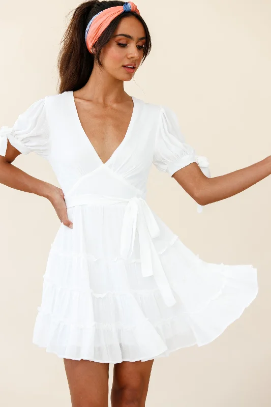 Long - Sleeve Women Dress in Velvet for a Luxurious Winter LookJocelyn Short Sleeve Tied Cuff Layered Ruffle Dress White