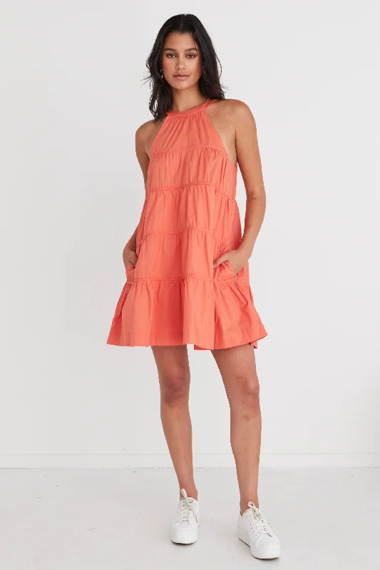 Plus Size Women Dress with a Flattering A - Line Cut for Comfort and StyleLevitate Watermelon High Neck Tiered Mini Dress