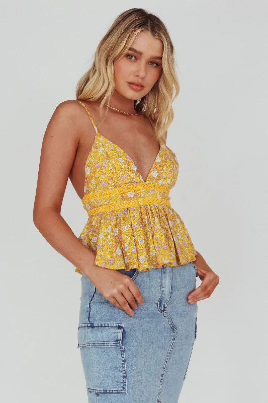 Halter Neck Women Dress to Show Off the Shoulders and NecklineMarigold Crochet Trim Top Floral Yellow