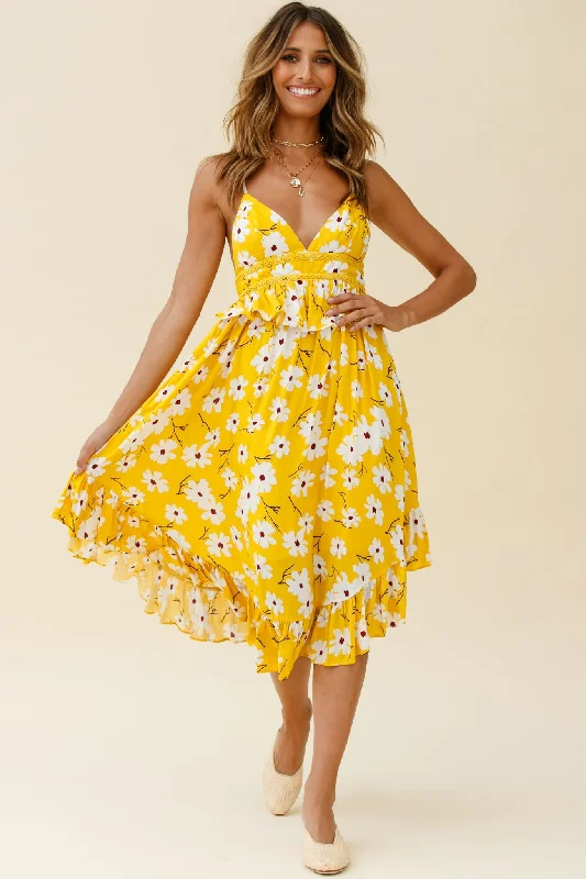 Off - the - Shoulder Women Dress for a Romantic and Feminine LookMarigold Peplum Midi Ruffle Dress Floral Print Yellow