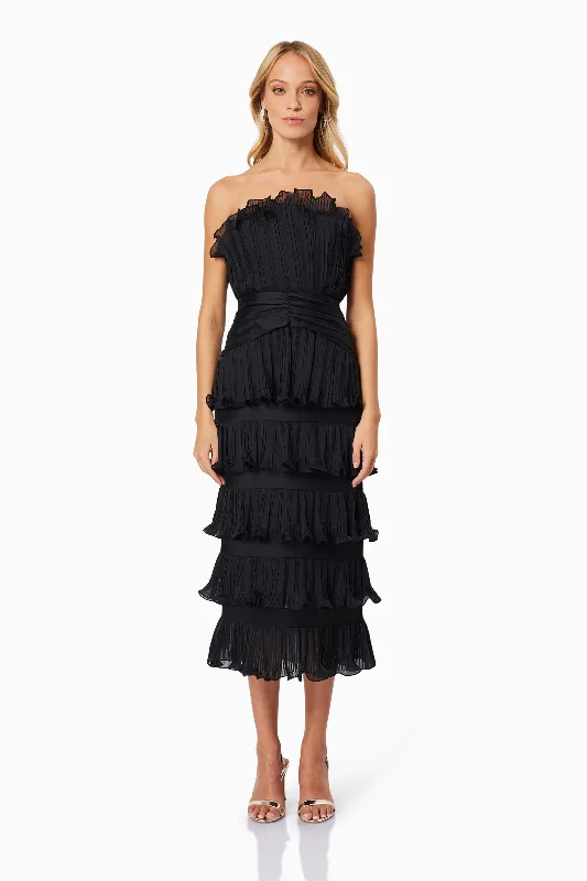 Ruffled Women Dress with Multiple Layers for a Playful and Girly StyleMaya Pleated Midi Dress in Black